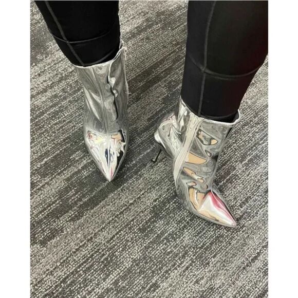 A New Day Women's Shandra Ankle Boots Patent Leather Silver Pointy Toe SZ 9:NWOB - Picture 5 of 14